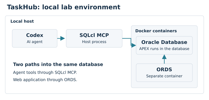 Codex connects through SQLcl MCP; ORDS provides a separate web access path to the same Oracle database.